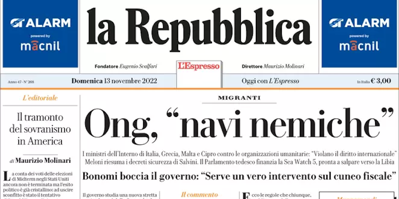 Le prime pagine di domenica 13 novembre 2022