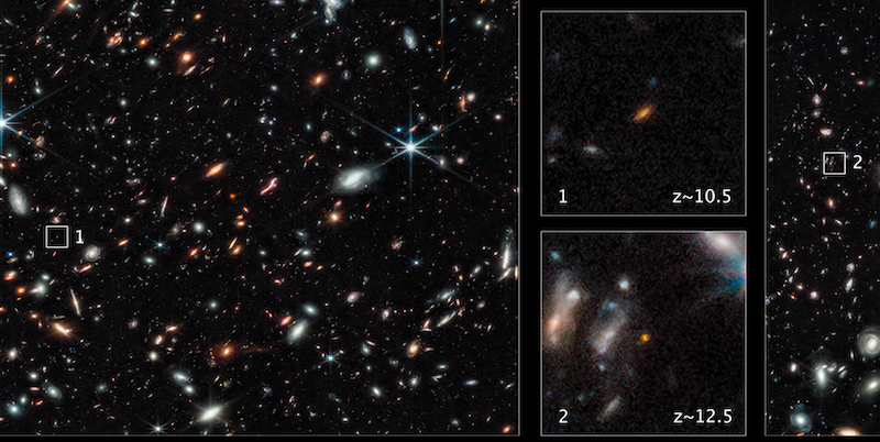 GLASS-z12 al centro del riquadro (NASA, ESA, CSA, Tommaso Treu UCLA; Zolt G. Levay STScI)