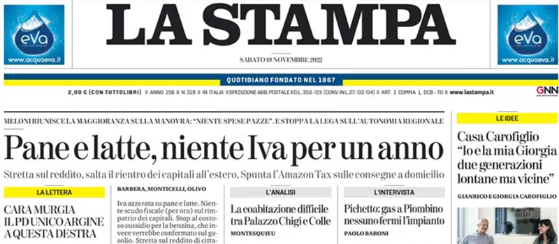 Le prime pagine di sabato 19 novembre 2022