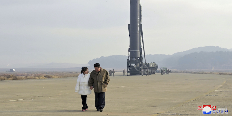 This photo provided on Nov. 19, 2022, by the North Korean government shows North Korean leader Kim Jong Un, right, and his daughter inspect the site of a missile launch at Pyongyang International Airport in Pyongyang, North Korea, Friday, Nov. 18, 2022. North Korea’s state media said its leader Kim oversaw the launch of the Hwasong-17 missile, a day after its neighbors said they had detected the launch of an ICBM potentially capable of reaching the continental U.S. Independent journalists were not given access to cover the event depicted in this image distributed by the North Korean government. The content of this image is as provided and cannot be independently verified. Korean language watermark on image as provided by source reads: "KCNA" which is the abbreviation for Korean Central News Agency. (Korean Central News Agency/Korea News Service via AP)