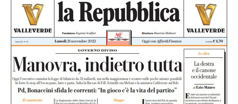 Le prime pagine di lunedì 21 novembre 2022