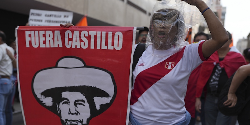 Una manifestante a Lima, con in mano un cartello che dice «via Castillo» (AP Photo/Guadalupe Pardo)