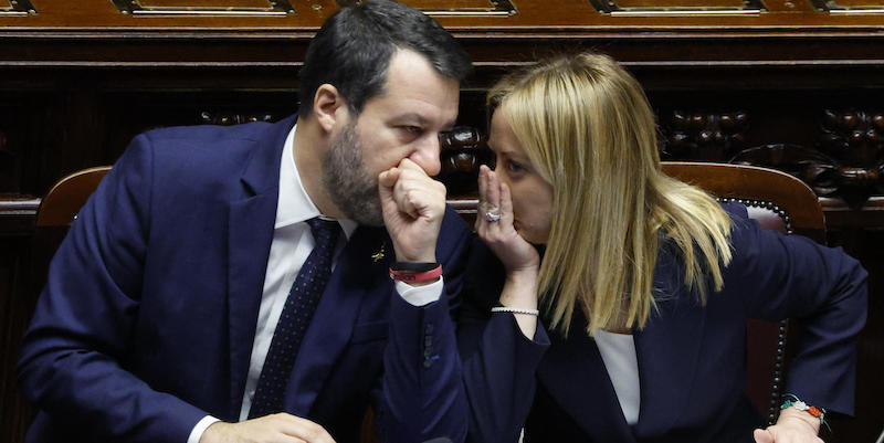 La presidente del Consiglio Giorgia Meloni e il ministro per le Infrastrutture Matteo Salvini.
(ANSA/FABIO FRUSTACI)