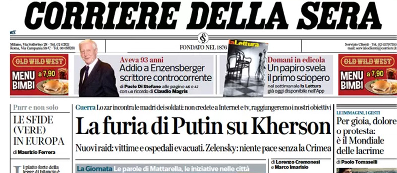Le prime pagine di sabato 26 novembre 2022