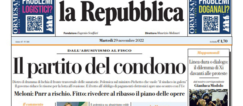 Le prime pagine di martedì 29 novembre 2022