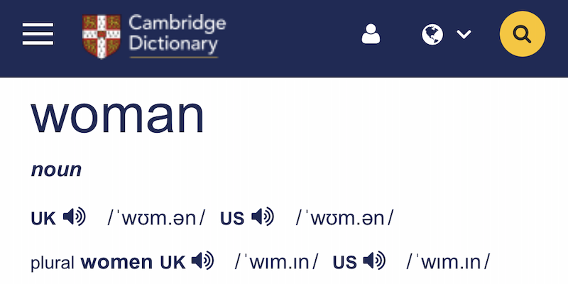 La voce "woman" sul sito del Cambridge Dictionary