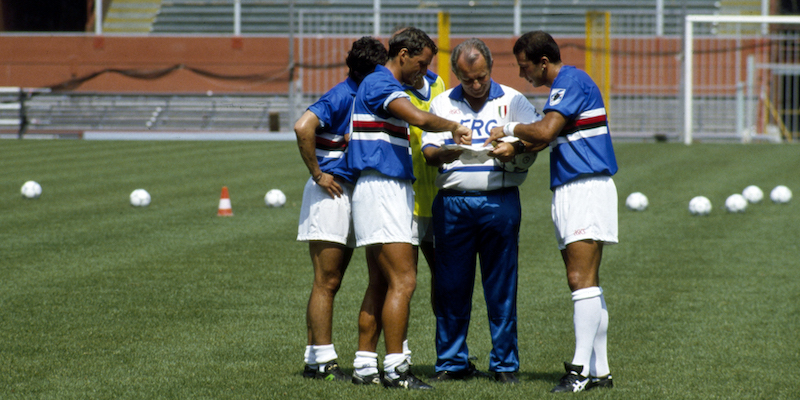 L'allenatore della Sampdoria Vujadin Boskov con Mancini e Vialli nel 1991 (LaPresse)