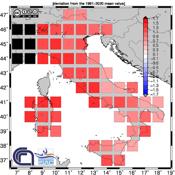Grafico dell'ISAC che mostra quanto si siano discostate le temperature medie del 2022 rispetto alle medie del periodo 1991-2020 nelle diverse parti d'Italia
