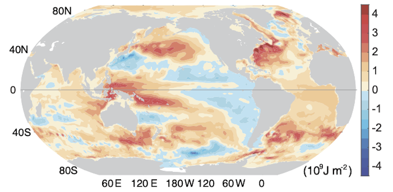 Nella scala di rossi le aree degli oceani dove nel 2022 le temperature superficiali sono state superiori alla media del periodo 1981-2010 (Da "Another Year of Record Heat for the Oceans" di L. Cheng e altri, Advances in Atmospheric Sciences)