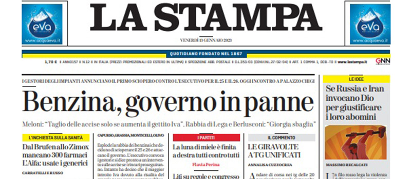 Le prime pagine di venerdì 13 gennaio 2023