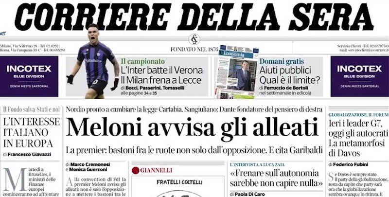 Le prime pagine di domenica 15 gennaio 2023