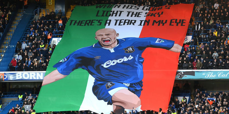 LONDON, ENGLAND - JANUARY 15: Chelsea FC fans unveil a tifo of former Chelsea player Gianluca Vialli, prior to the Premier League match between Chelsea FC and Crystal Palace at Stamford Bridge on January 15, 2023 in London, England. (Photo by Mike Hewitt/Getty Images)