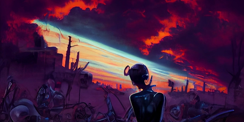 “Una ragazza punk di spalle che guarda il tramonto su Marte in stile manga” creata con OpenArt. Gli autori sono irrintracciabili.