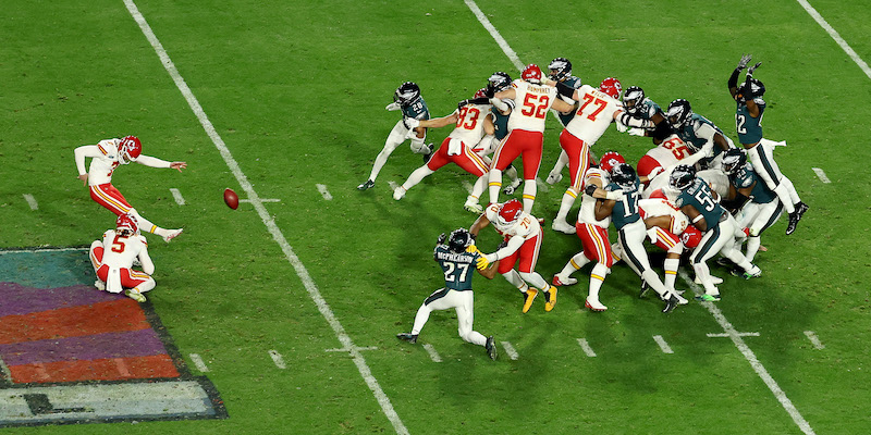 Il calcio di Harrison Butker che ha deciso il Super Bowl (Rob Carr/Getty Images)