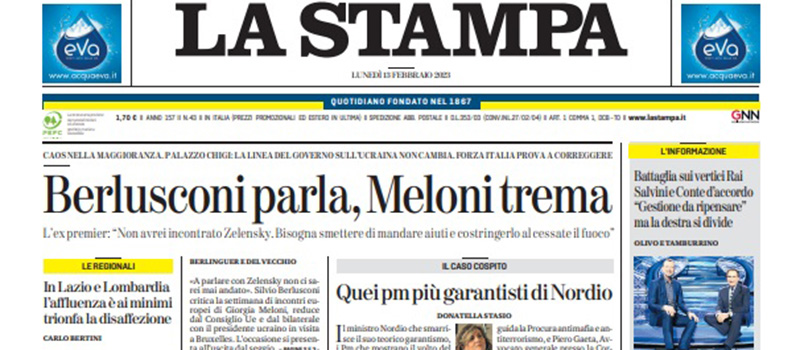 Le prime pagine di lunedì 13 febbraio 2023