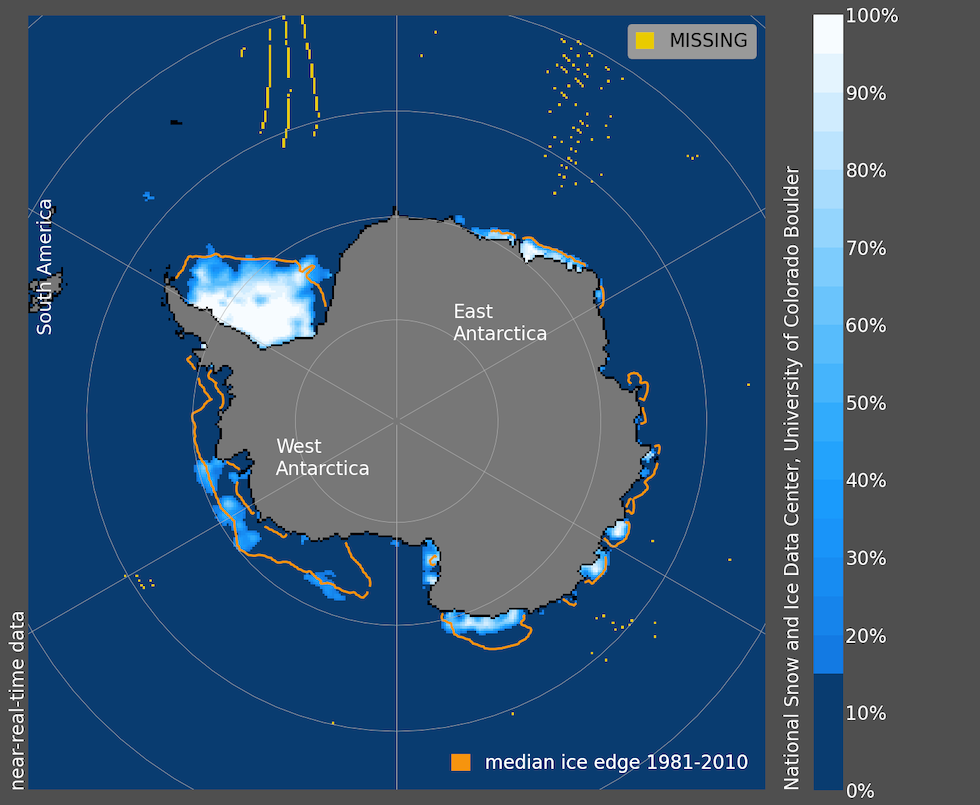 Mappa dell'Antartide che mostra l'estensione dei ghiacci marini attorno al continente il 13 febbraio 2023