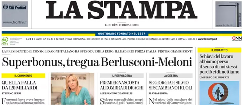 Le prime pagine di lunedì 20 febbraio 2023