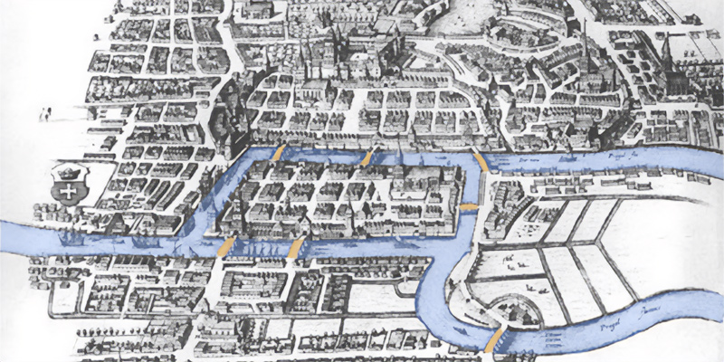 Una mappa di Königsberg con i suoi sette ponti (Wikimedia)