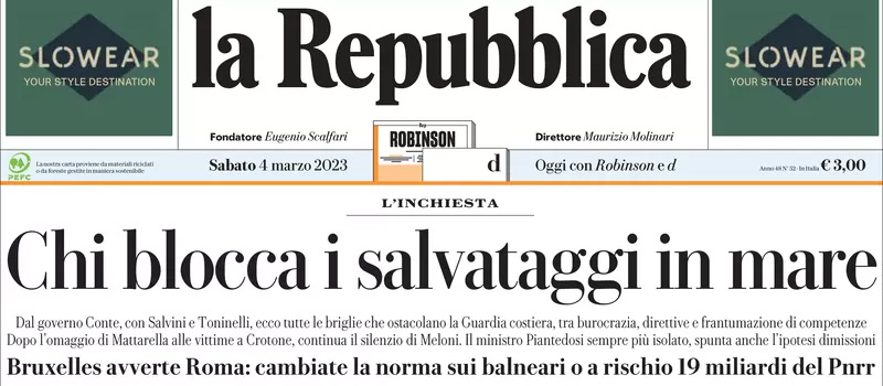 Le prime pagine di sabato 4 marzo 2023