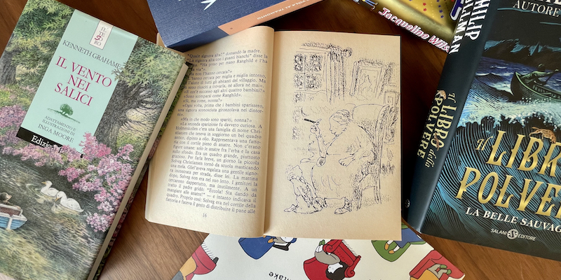 Alcuni libri per ragazzi; al centro due pagine di "Le streghe" di Roald Dahl, illustrato da Quentin Blake (Il Post)