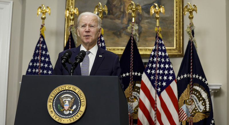 Il presidente degli Stati Uniti Joe Biden in conferenza stampa sul fallimento di Silicon Valley Bank (Anna Moneymaker/Getty Images)