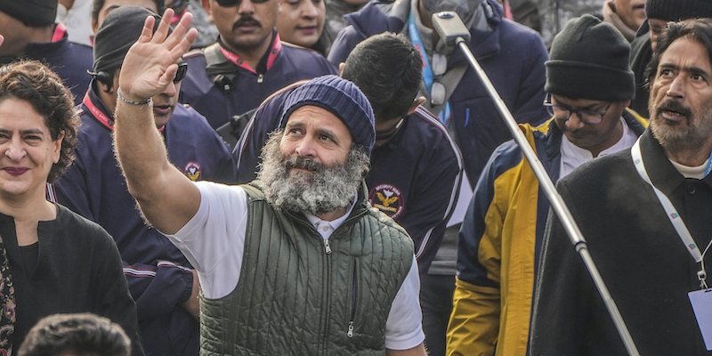 Rahul Gandhi durante la sua marcia attraverso l'India mentre si trovava a Srinagar, lo scorso 29 gennaio (AP Photo/ Mukhtar Khan)