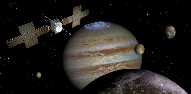 JUICE tra Giove e alcune delle sue lune, in un'elaborazione grafica (ESA)