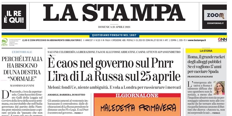 Le prime pagine di domenica 23 aprile 2023