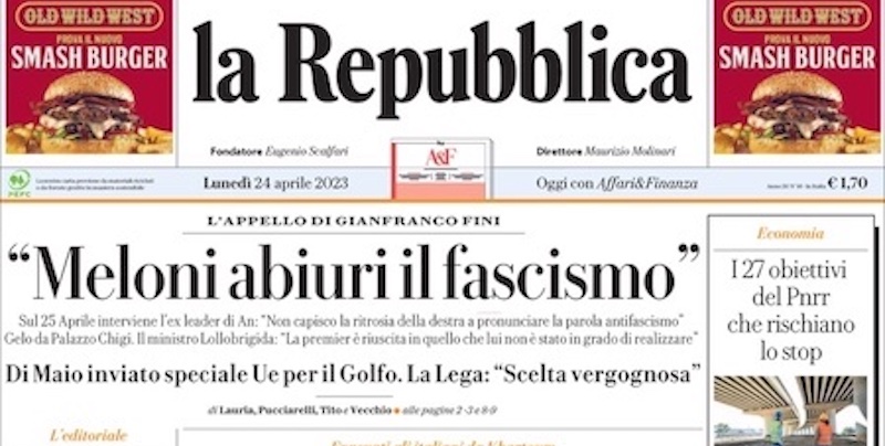 Le prime pagine di lunedì 24 aprile 2023