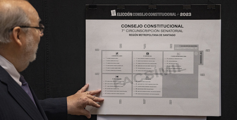 Andres Tagle, presidente del Servizio elettorale cileno, mostra una scheda elettorale, Santiago, Cile, 2 maggio 2023 (AP Photo/Esteban Felix)