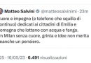 Il tweet cancellato di Salvini in cui accostava gli allagamenti in Emilia-Romagna al Milan