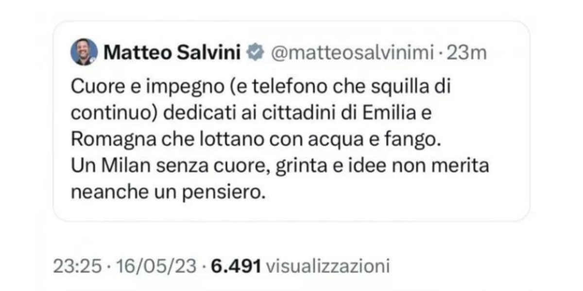 Il tweet cancellato di Salvini in cui accostava gli allagamenti in Emilia-Romagna al Milan