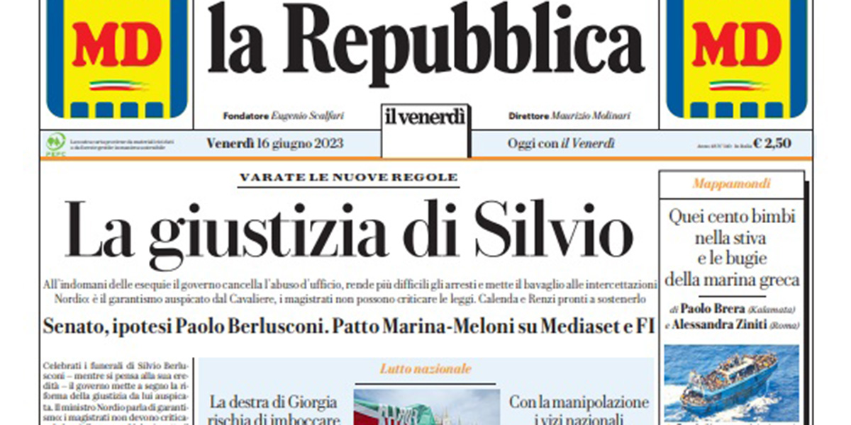 Le prime pagine di venerdì 16 giugno 2023