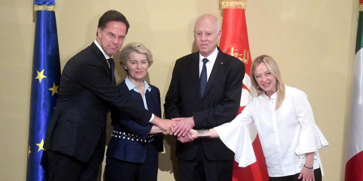 Mark Rutte, Ursula von der Leyen, Kais Saied e Giorgia Meloni (EPA/TUNISIA PRESIDENCY)