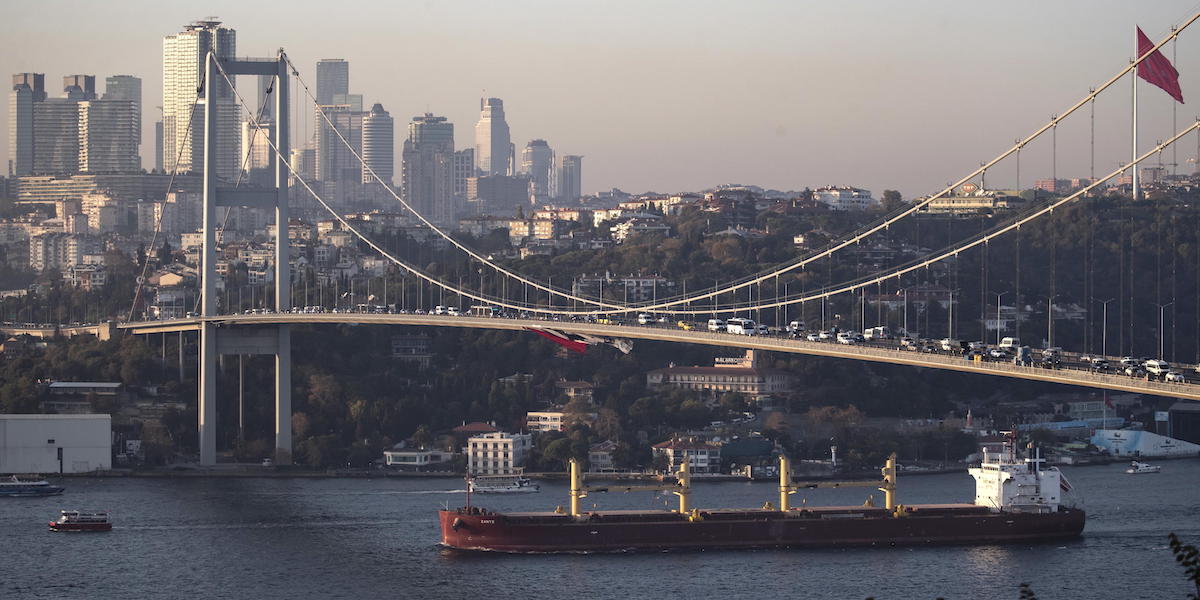 Una nave che trasporta grano ucraino nello stretto del Bosforo, a Istanbul, in Turchia (EPA/ERDEM SAHIN)