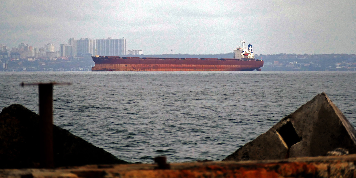 Una nave arriva nel porto di Odessa, in Ucraina, ad aprile del 2023 (Yulii Zozulia/Ukrinform via ZUMA Press Wire via ANSA)