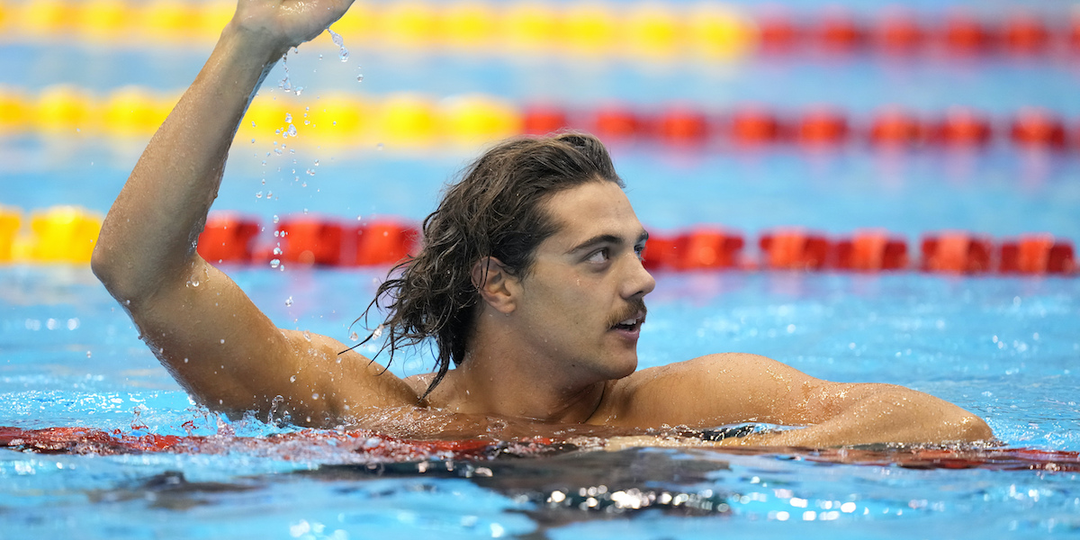 Thomas Ceccon ai Mondiali di Fukuoka (AP Photo/Eugene Hoshiko)