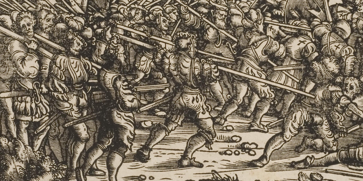 L'illustrazione di una battaglia dei lanzichenecchi tratta da "Der Weißkunig" (il re bianco), un'opera commissionata dall'imperatore Massimiliano I d'Asburgo a inizio Cinquecento (Wikimedia Commons)