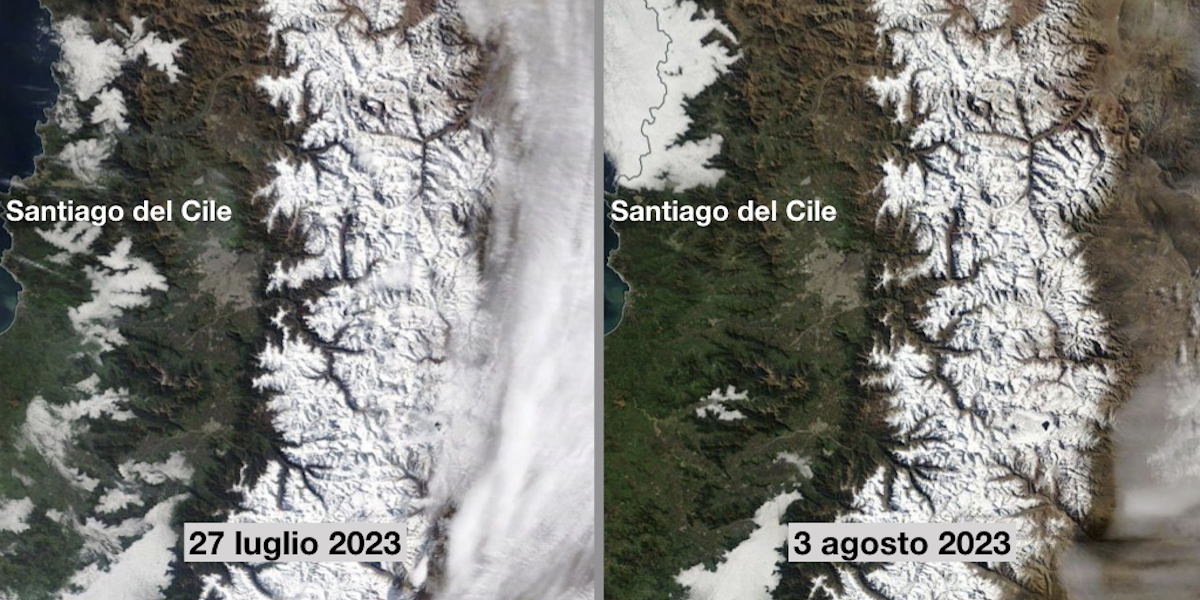 La neve sulle Ande vicino a Santiago del Cile (NASA Worldview)