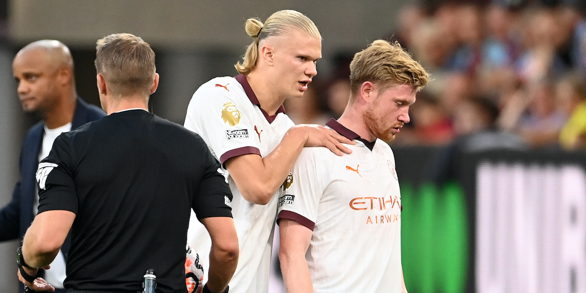 Erling Haaland e Kevin De Bruyne del Manchester City (Michael Regan/Getty Images)