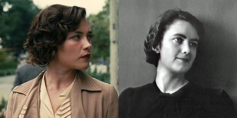 A sinistra Florence Pugh nei panni di Jean Tatlock in "Oppenheimer" (Universal Pictures), a destra la vera Jean Tatlock (Wikimedia Commons)