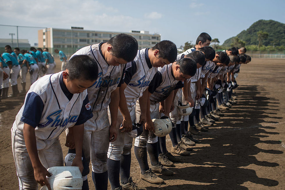 La squadra di baseball degli Shonan Boys durante un'amichevole contro gli Yokohama Minami in vista del campionato nazionale dei licei il 30 luglio del 2014 a Yokosuka
