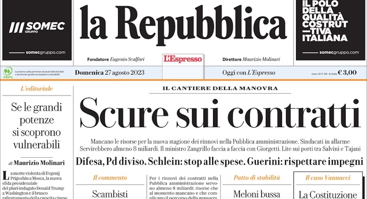 Le prime pagine di domenica 27 agosto 2023