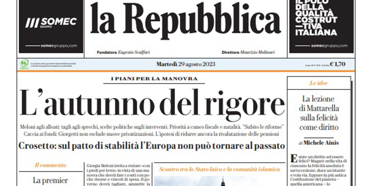 Le prime pagine di martedì 29 agosto 2023