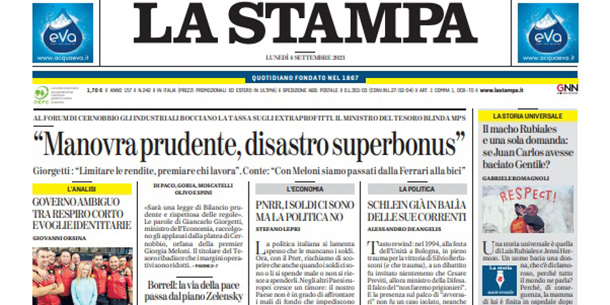 Le prime pagine di lunedì 4 settembre 2023
