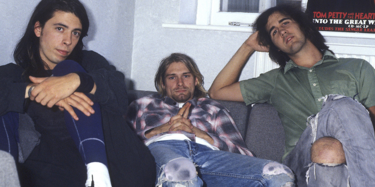 I Nirvana – da sinistra Dave Grohl, Kurt Cobain e Krist Novoselic – nel 1991 (© Future-Image/ZUMApress.com, ANSA)