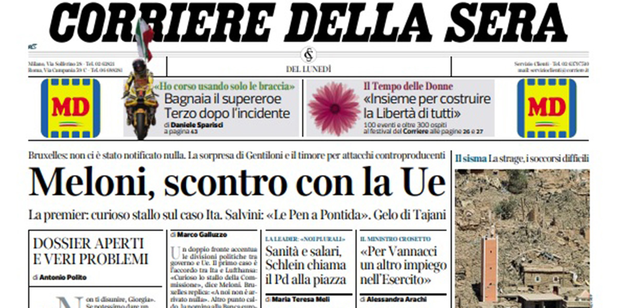 Le prime pagine di lunedì 11 settembre 2023