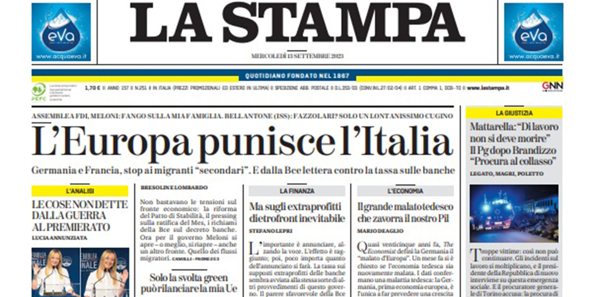 Le prime pagine di mercoledì 13 settembre 2023