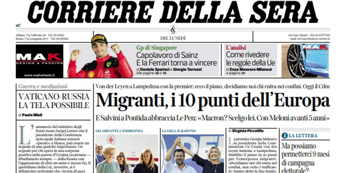 Le prime pagine di lunedì 18 settembre 2023