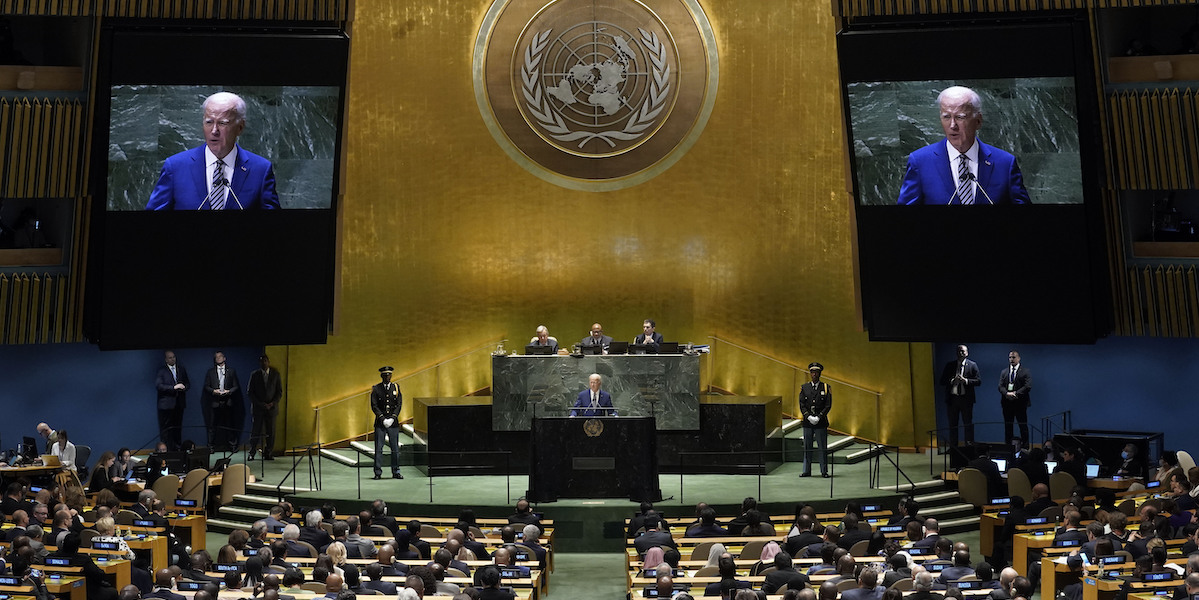 Il presidente degli Stati Uniti Joe Biden all'Assemblea generale delle Nazioni Unite (AP Photo/Richard Drew)